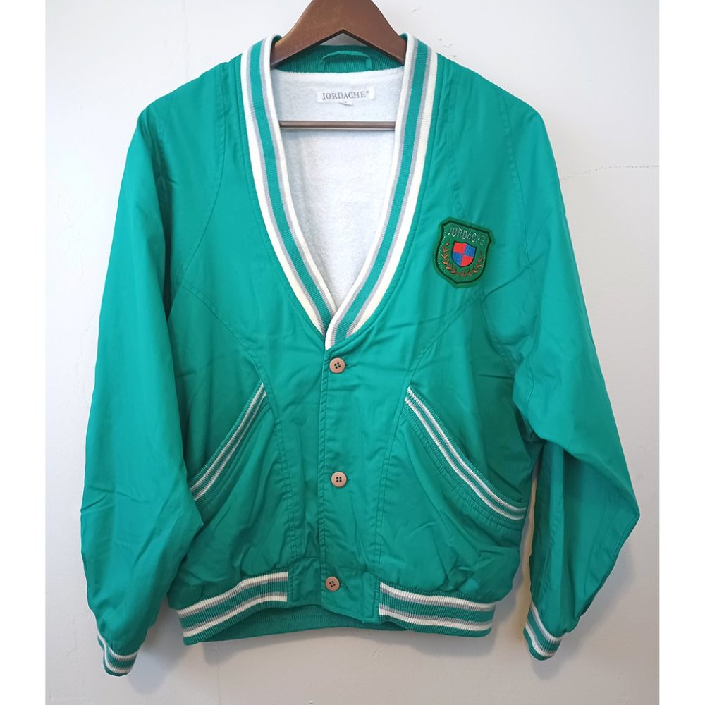 Vintage Jordache Cardigan Jacket size 3 M Medium teal white gray retro 80s 90s